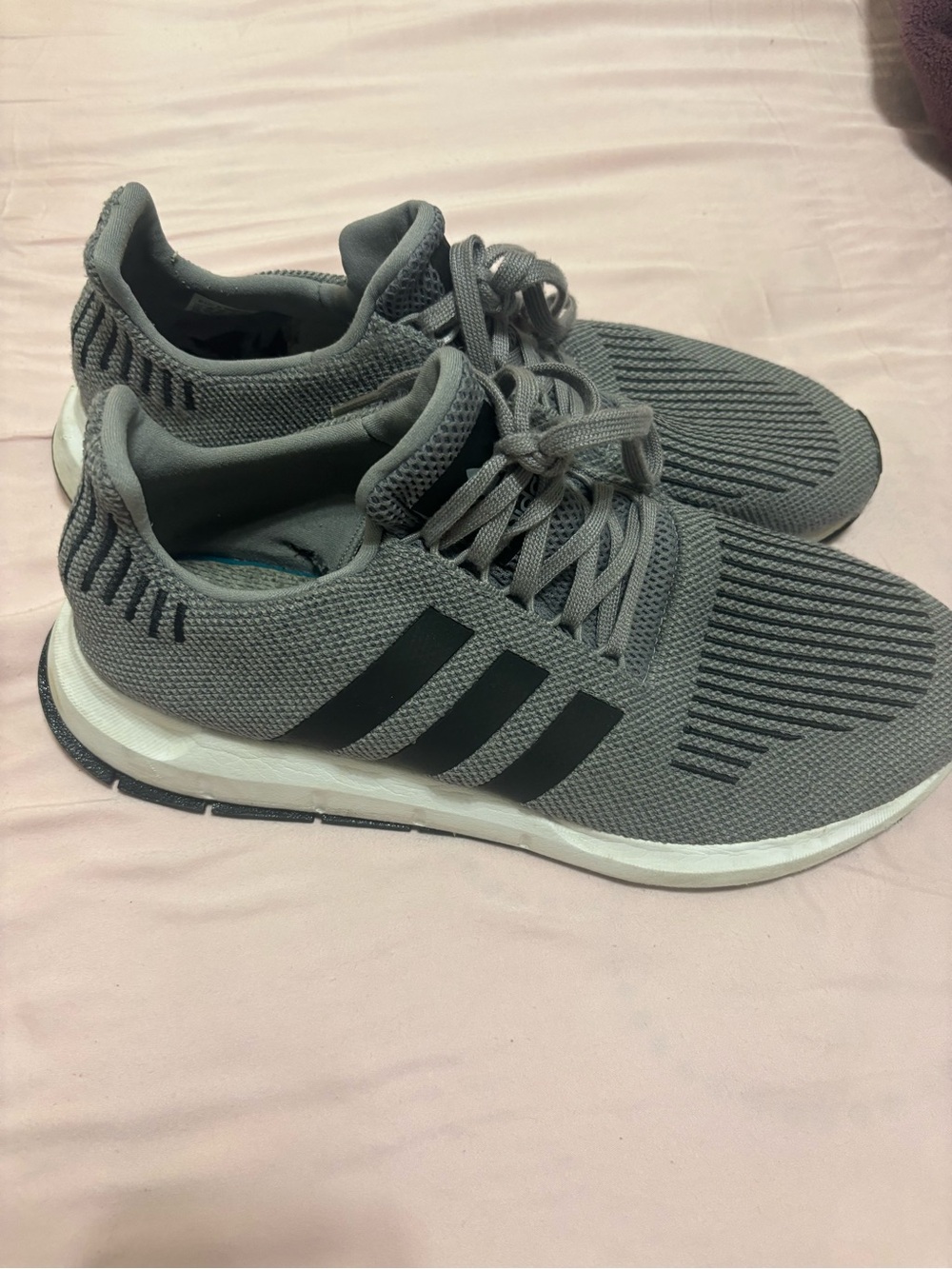 adidas Men's Grey Knit Sneakers with Black Stripes